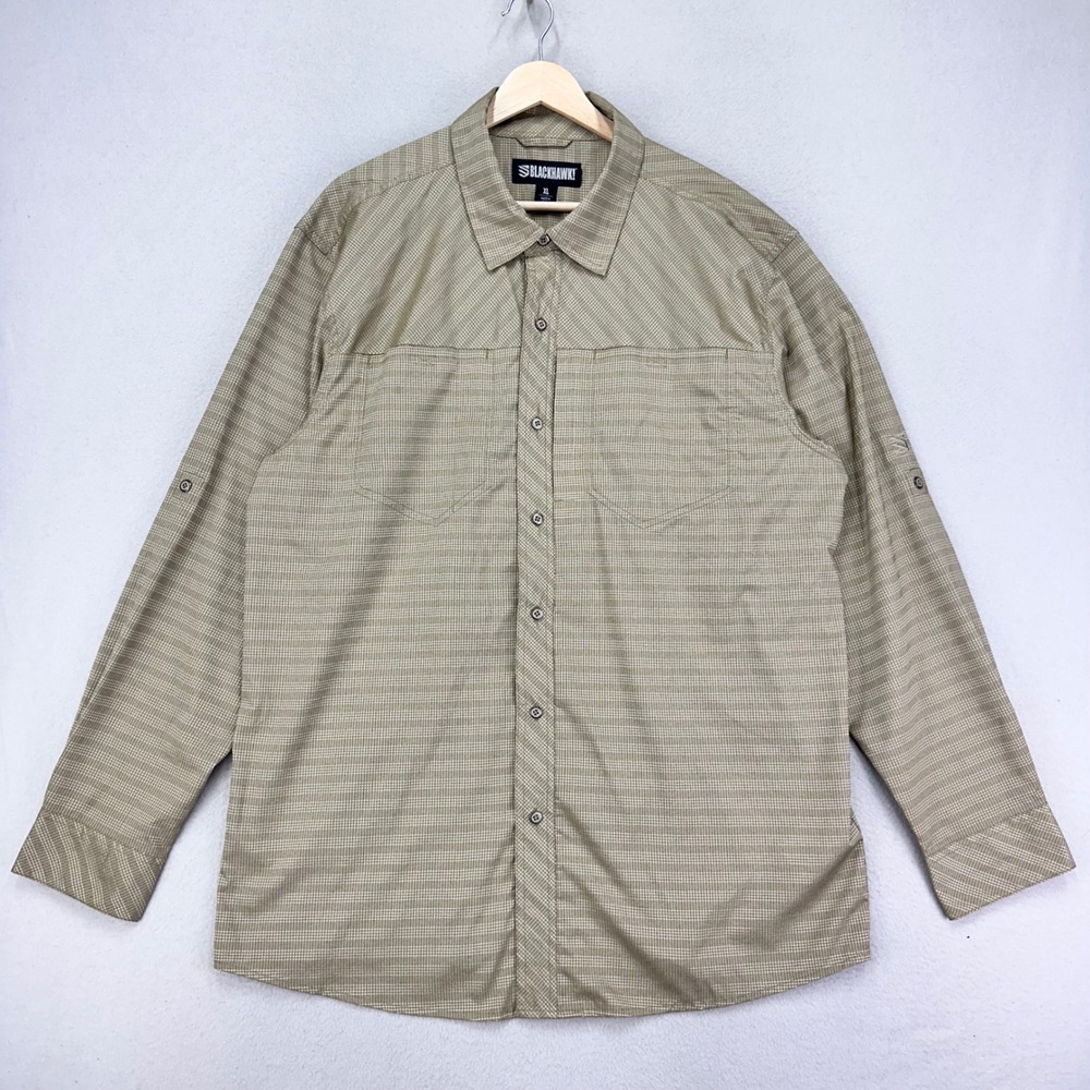 Blackhawk!‎ Purpose Long Sleeve Shirt Mens XL Tan Button Up Plaid Pockets